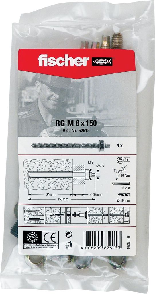Fischer 4x Ankerstange RG M 8 x 150 B Beutel - 062615