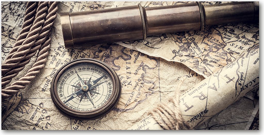 Tulup Glas-Bild - 100x50 -Wandkunst - Wandbild hinter gehärtetem Sicherheitsglas - Landkarten & Flaggen - Kompass Lupe Karte - Beige