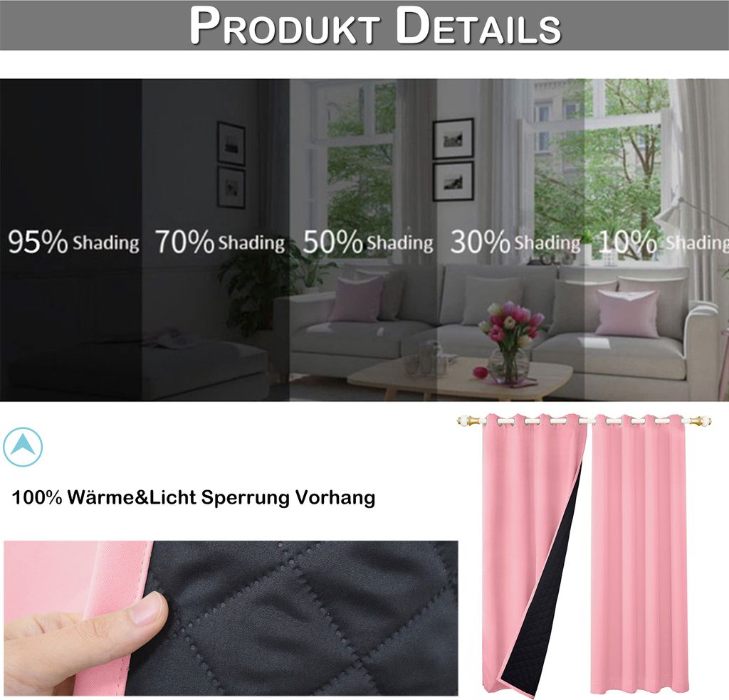 100% Verdunkelung Thermo Vorhänge Rosa Blickdicht Produktbild 8