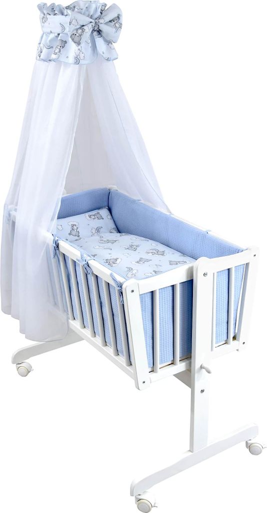 Baby-Delux Wiege Schaukelwiege Babywiege Weiß 90x40 cm Bettset Komplett Waffelpique Wiegenset Bärchen blau