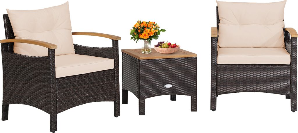 COSTWAY 3tlg. Polyrattan Gartenmöbel Set, Sitzgarnitur mit 2 Sessel, 1 Beistelltisch, Akazienholzplatte & Sitzkissen, Gartenlounge Sitzgruppe Braun