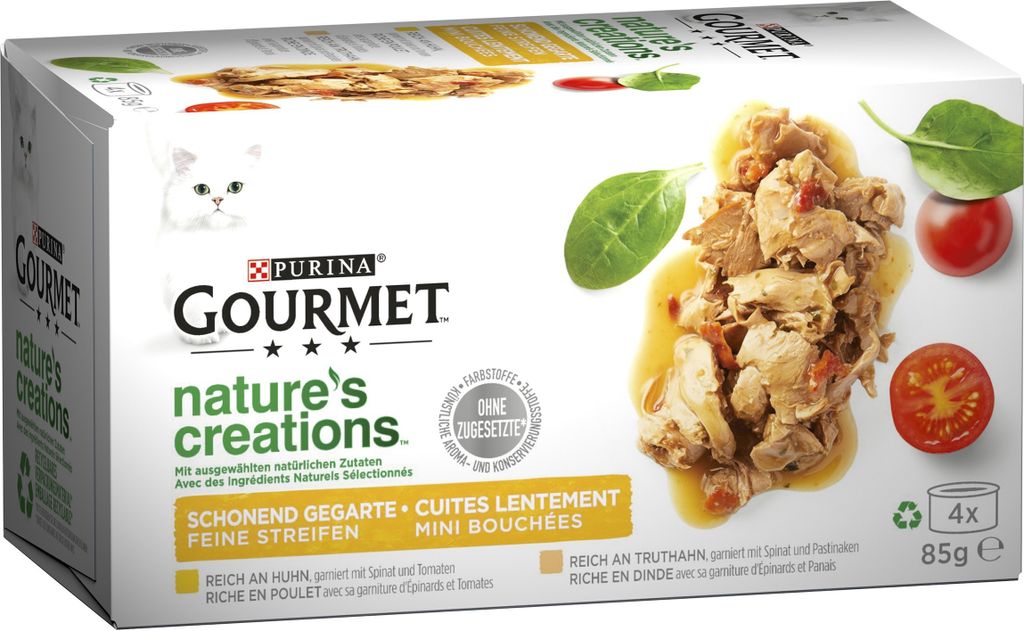 GOURMET Nature's Creation Naturbelassenes Katzennassfutter in Gelee, Huhn & Truthahn Mix, 4er Pack à 85g Dose (1er Pack (4 x 85g))