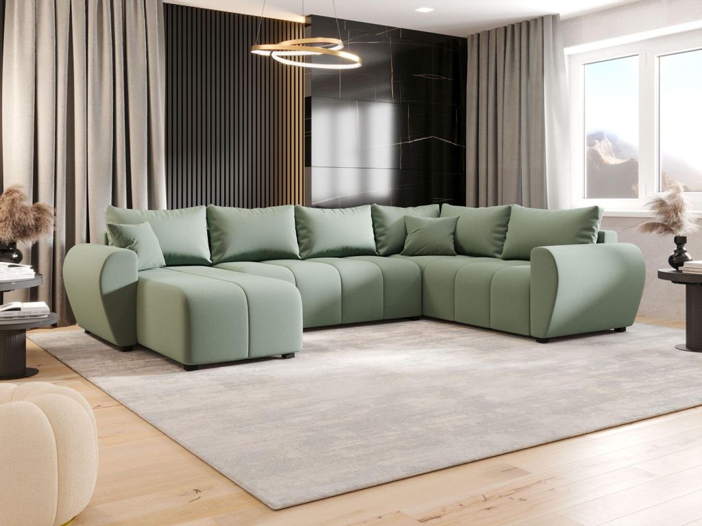 BEDANTE WOHNLANDSCHAFT MOLISA U PLUS Cosmic 16 Rechts Hellgrün mit Schlaffunktion U-Form Sofa mit Stauraum Bettkasten Wohnzimmersofa Couch Sofa Be...