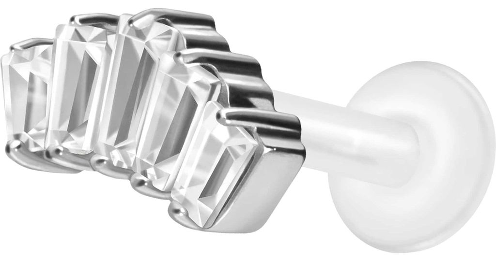 Ohrpiercing, Nasenpiercing PTFE Labret mit Innengewinde + Titan-Aufsatz 5 EINGEFASSTE KRISTALLRECHTECKE Silber Stablänge: 7mm | Stabstärke: 1,2mm
