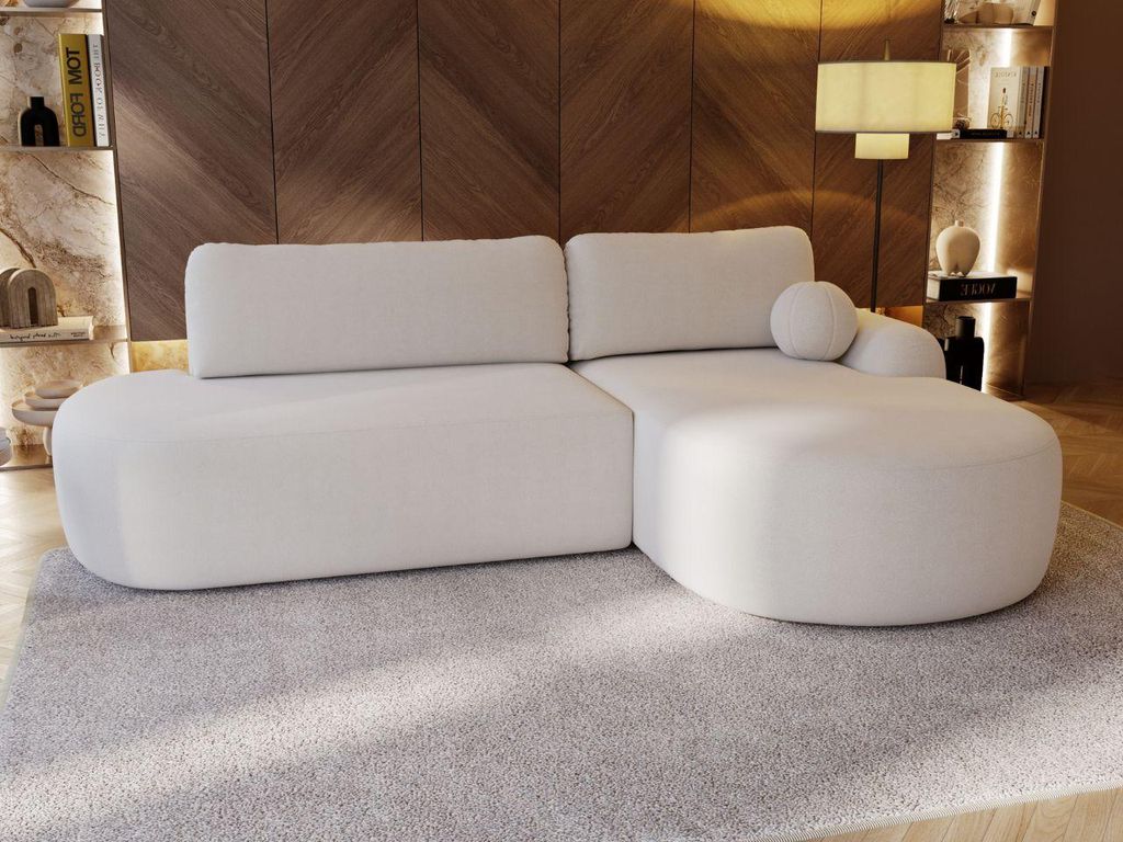 GrainGold Ecksofa L-Form Rechts Aurio O - Ecksofa mit Schlaffunktion und Bettkasten - Moderne Ecksofa, Wohnzimmer Ecksofa - Eckcouch Weiß (Lambi 07)