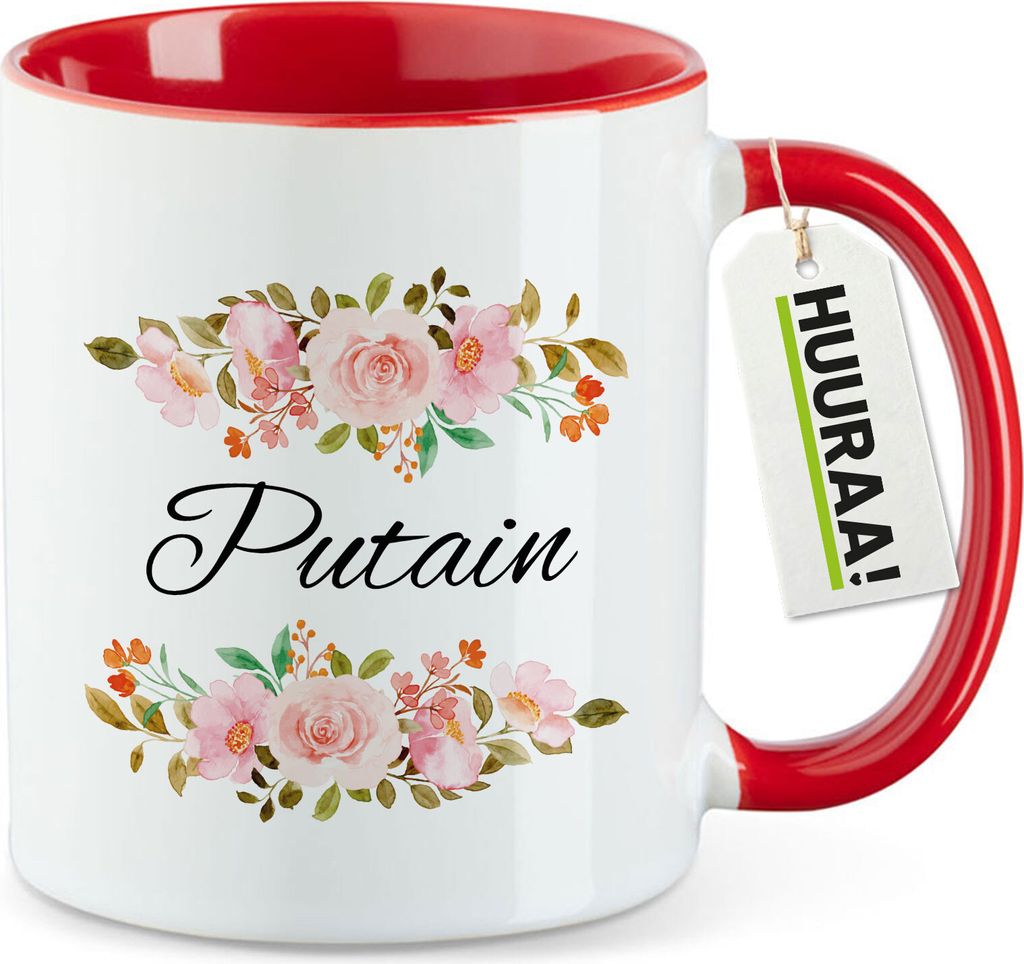 Huuraa Kaffeetasse Putain französisch Blumen 330ml Rot Keramik Kaffeebecher Geschenkidee