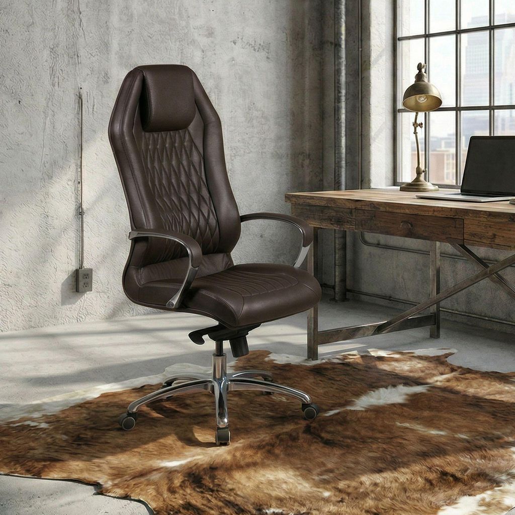 FineBuy Bürostuhl Braun MONTEREY Echt-Leder Schreibtischstuhl XXL Polsterung Chefsessel hohe Rückenlehne mit Kopfstütze Drehstuhl Drehsessel