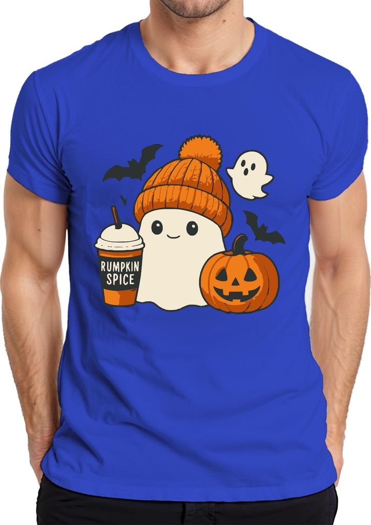 Rumpkin Spice Geist Kürbis Halloween Herbst Kaffee Mütze Süß Herren T-Shirt, Blau, S