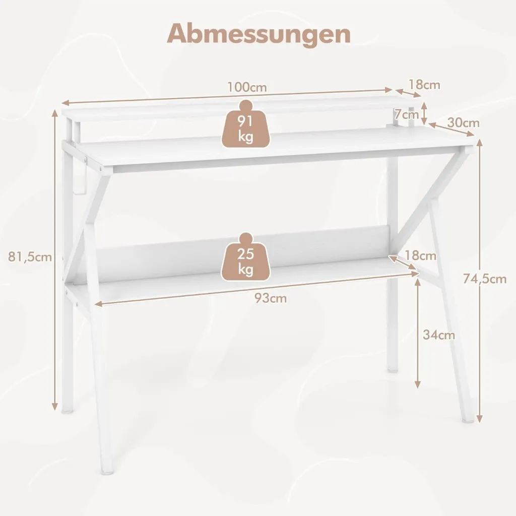 Bureau blanc ergonomique 100 cm avec étagère et support moniteur fixe - 2