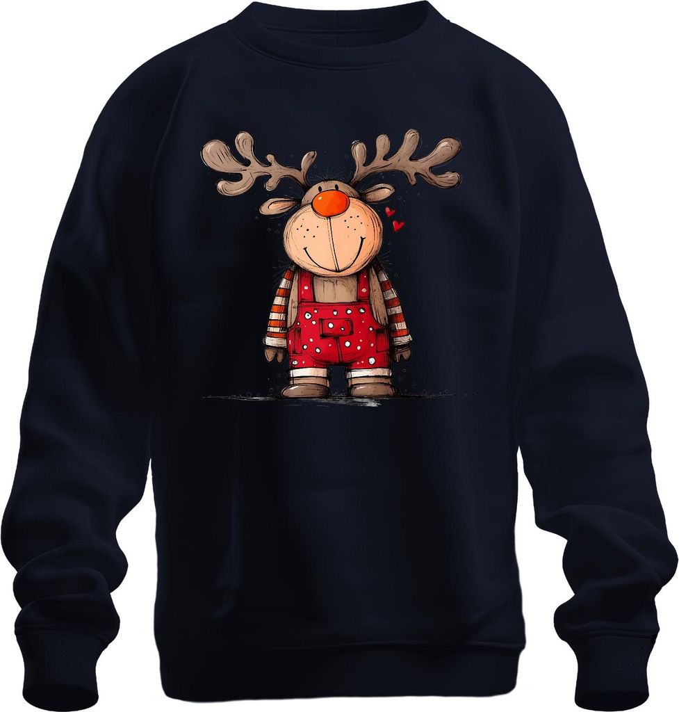 Niedliches Rentier Weihnachten Rot Latzhose Herzen Kinder Retro Uni Sweatshirt Pullover, Navy, 3XL
