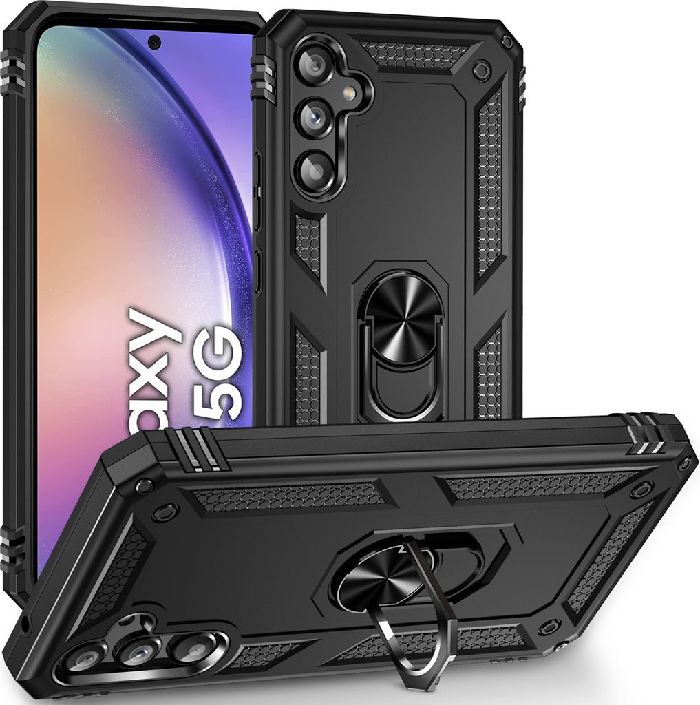 Schutzhülle für Samsung Galaxy A54, Dual Layer Robust Militäre Fallschutz Hülle mit Ringhalterung Ständer Schwarz