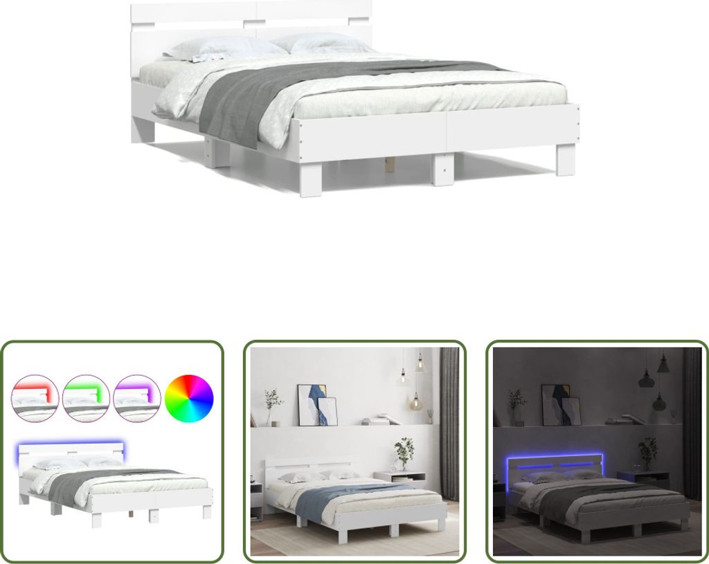 The Living Store Bettgestell mit Kopfteil LED-Beleuchtung Weiß 135x190 cm