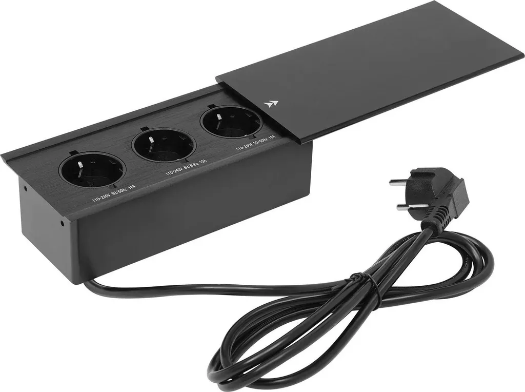 Prise de table escamotable 3 prises en aluminium noir pour cuisine