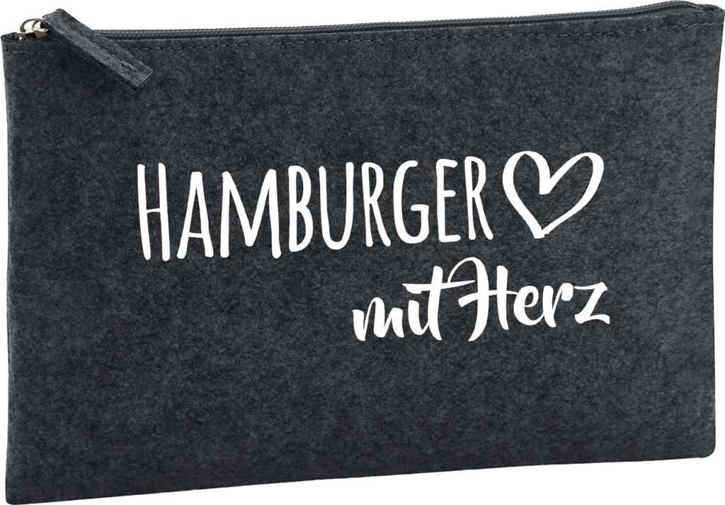 Huuraa Kulturbeutel Hamburger mit Herz 1 Liter Charcoal Filz Kosmetiktasche Geschenkidee