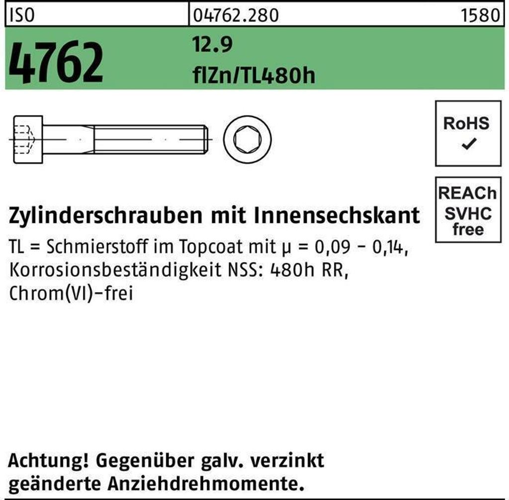 Zylinderschraube ISO 4762 m.Innensechskant M 24 x 170 12.9 zinkbesch Gleitmittel flZnnc 480h-L