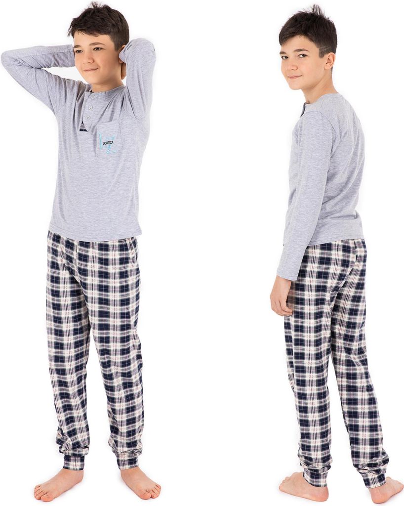 Jungen Schlafanzug zweiteilig Langarm - Kariert - Grau