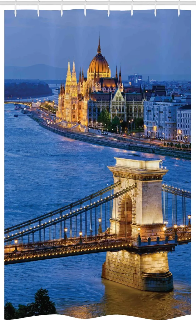 ABAKUHAUS Europa Tenda da doccia stretta, Ponte sul fiume di Budapest, Set decorativo per bagno in tessuto con ganci, 120 x 180 cm, multicolore