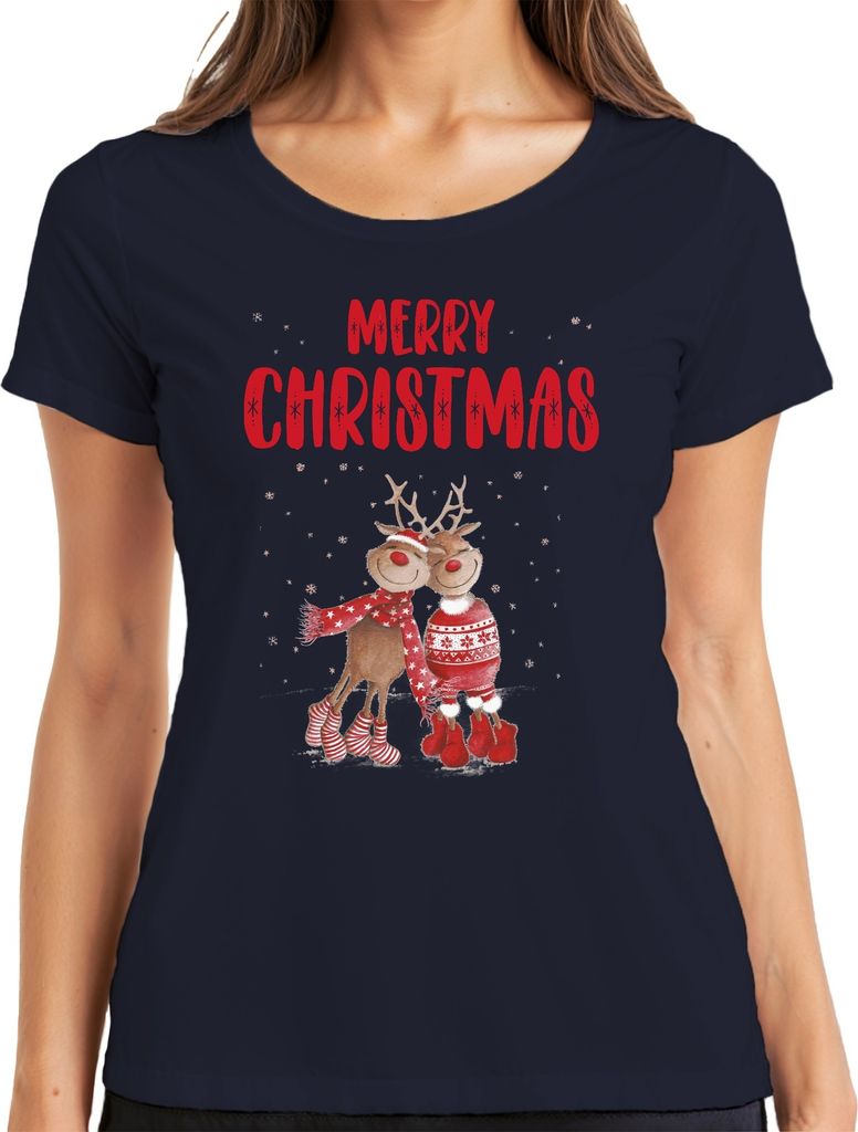 Merry Christmas Rentier Paar Rudolph - Weihnachten Weihnachtsgeschenk Christmas Damen T-Shirt, Navy, S