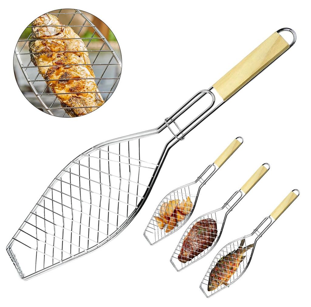 4er Set Fischgrillhalter aus Edelstahl mit Holzgriff, ideal zum Grillen von Fisch auf dem BBQ