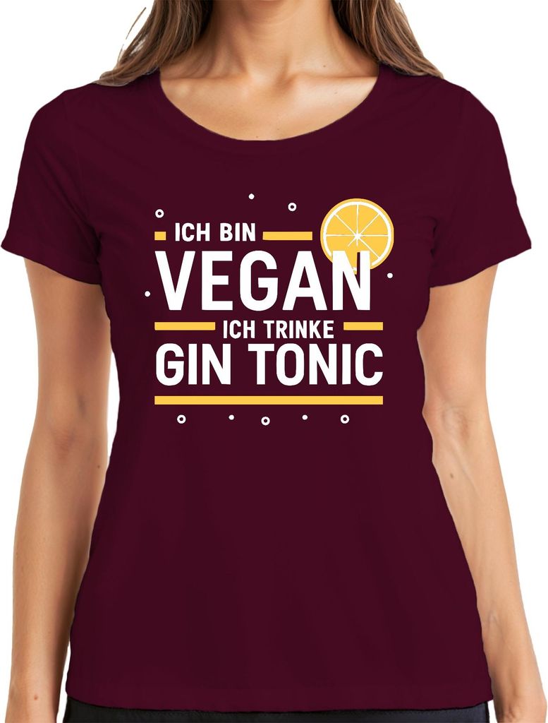 Ich bin vegan ich trinke Gin Tonic Lustiges Geschenk Zitrone Bar Damen T-Shirt, Burgundy, M