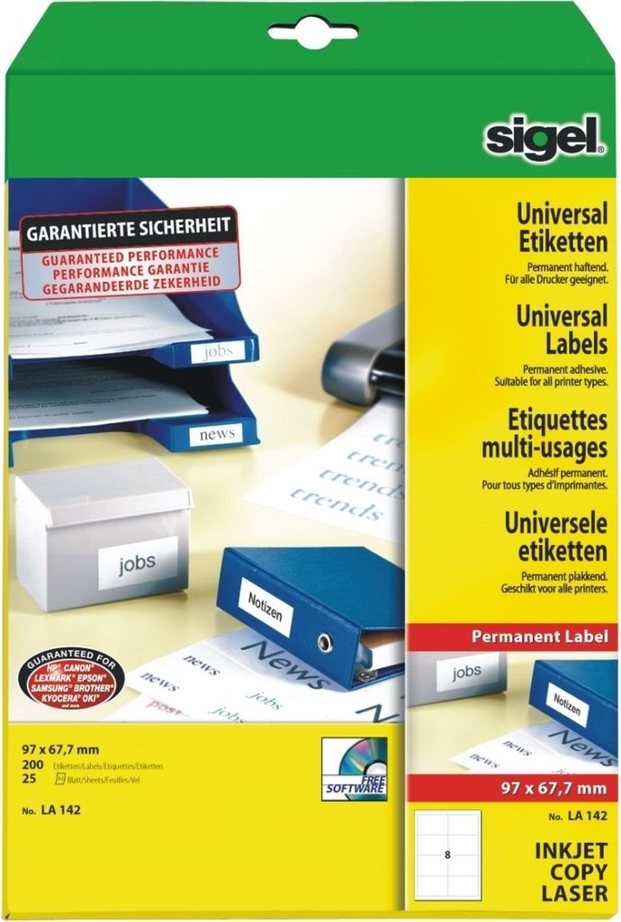 Etiketten Inkjet/Laser Kopier 97x67,7mm VE=10x200 Stück (25 Blatt) weiß