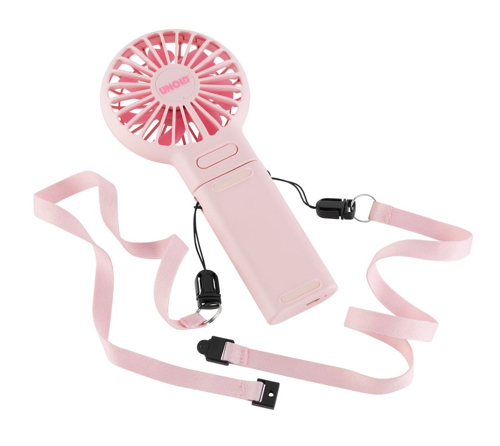 Unold 86644 Handventilator Breezy Fold Pink Rosa, 3 Geschwindigkeitsstufen, zum Aufstellen oder Umhängen, bis 10 Std. Akkulaufzeit, USB-Ladekabel