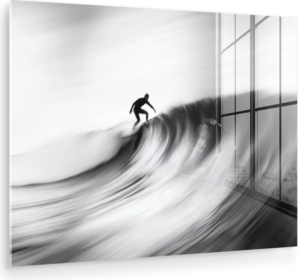 MuchoWow Glasbilder - Bilder auf Wandbild - Foto auf Glas Surfer - Welle - Verblasst - Schwarz 80x60 cm Wanddekoration aus Glas - Acrylglasbild - A...