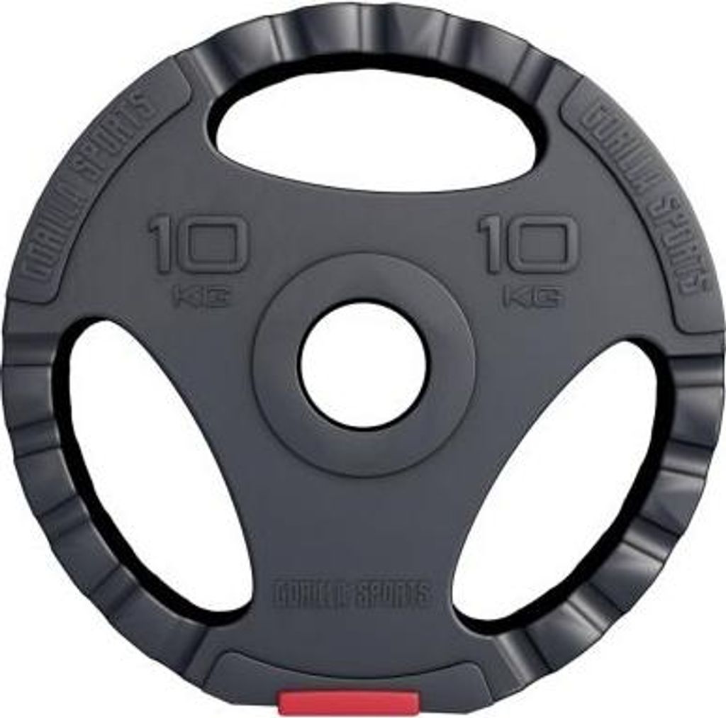 A single black weight plate with a red accent is shown against a white background.