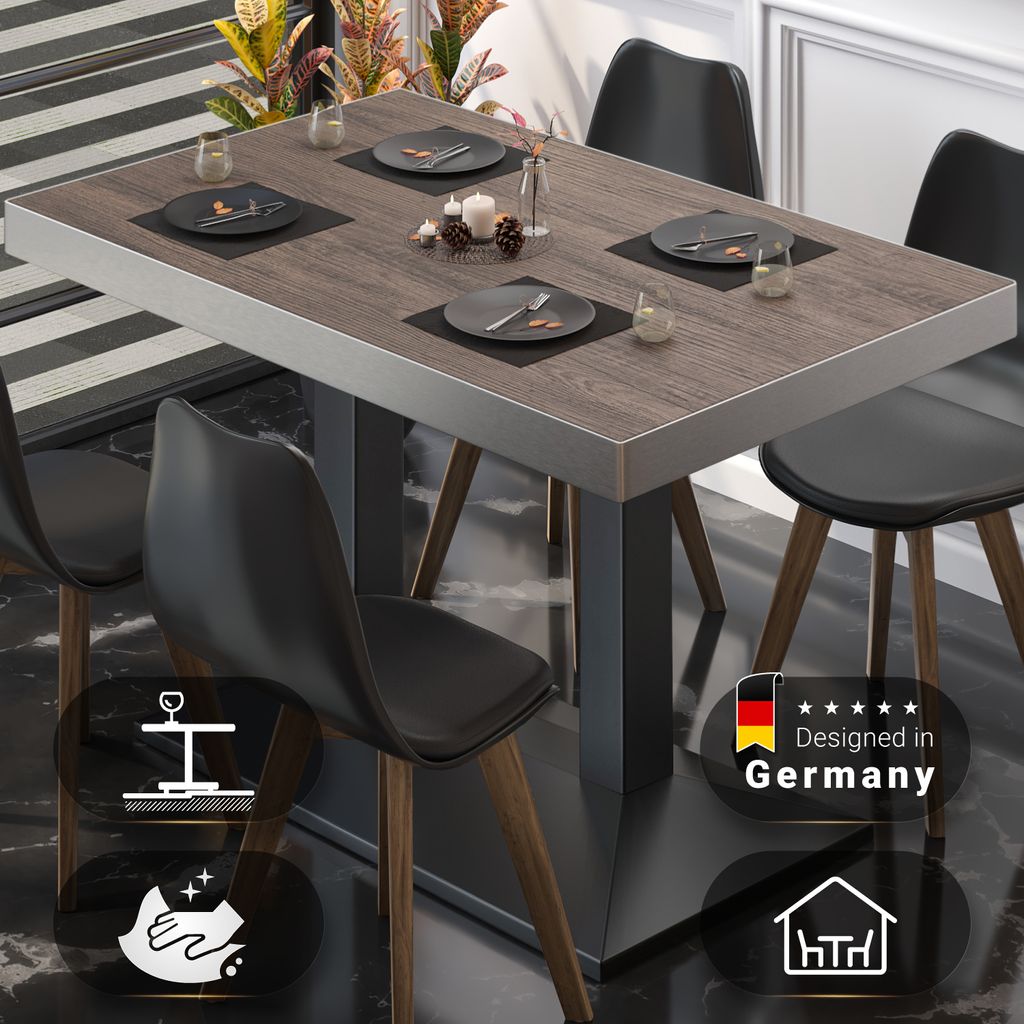 BPA | Bistro Tisch | 120 x 70 x 81 cm | Rechteckig | Edelstahl Rand | Light Wenge / Schwarz | Bistrotisch Gastro Tisch