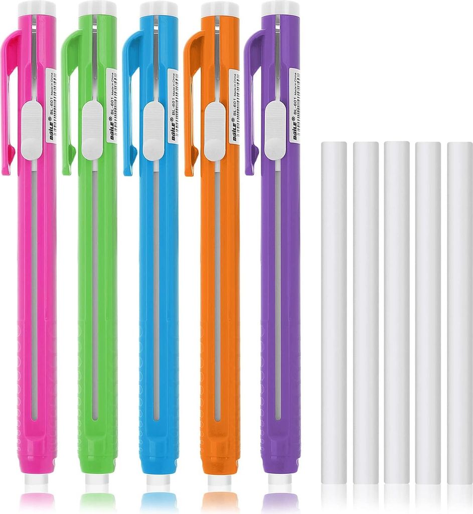 Stift-Style Radiergummi Set - einziehbare Klick-Radiergummi Stifte - 5 Radiergummis - Mechanischer Radierer - Bleistift Hülle - Radierer für Kind...