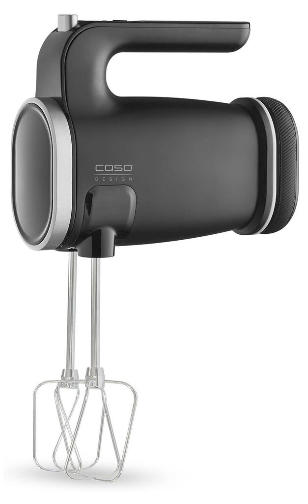 A black and silver hand mixer with beaters attached.