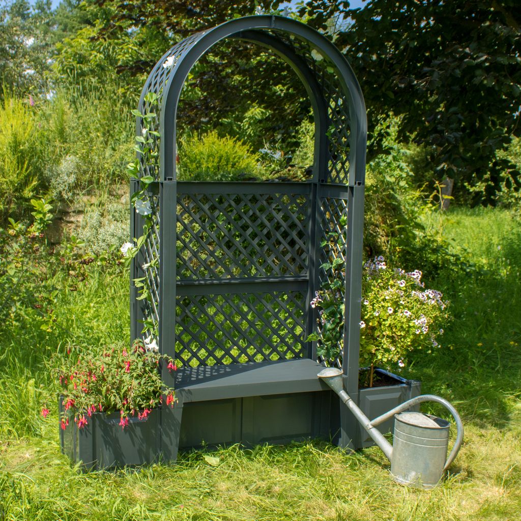 Gartenbank NYVIGreen 2-Sitzer 174x49x207 cm mit Pflanzkästen & Rosenbogen & Spalier - Sitzbank aus wetterfestem & recyceltem Kunststoff, Farbe:Ant...