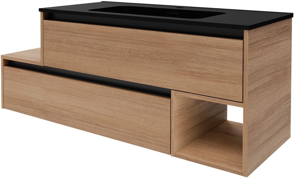 FACKELMANN VITA Waschbecken mit Unterschrank 129 cm, Braun Hell, Gussmarmor Schwarz Matt, Ablage Links Eleganz & Funktionalität für Dein Bad