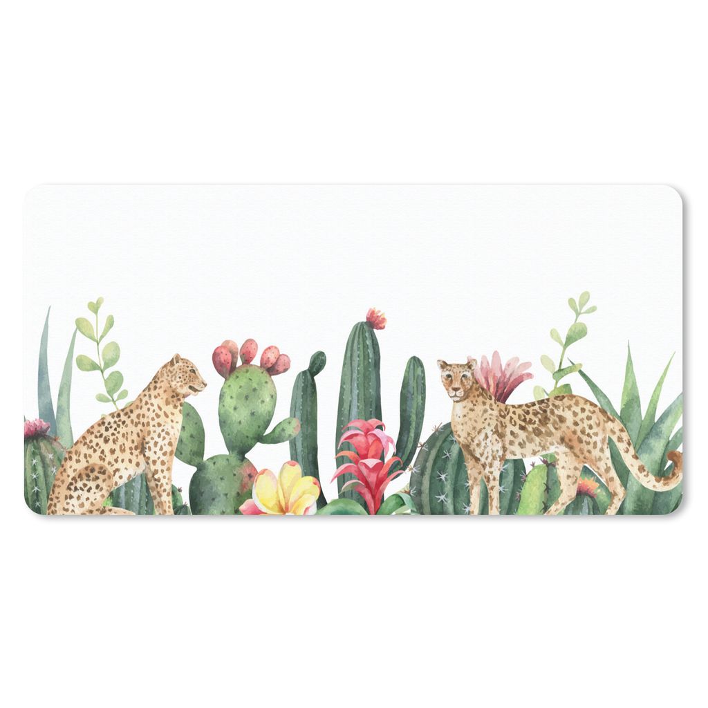 MuchoWow Schreibtischunterlage Leopard - Pflanzen - Aquarell - Mädchen - Kinder - Jungen - Kinder 80x40 cm - XXL Mauspad - Gaming Mauspad