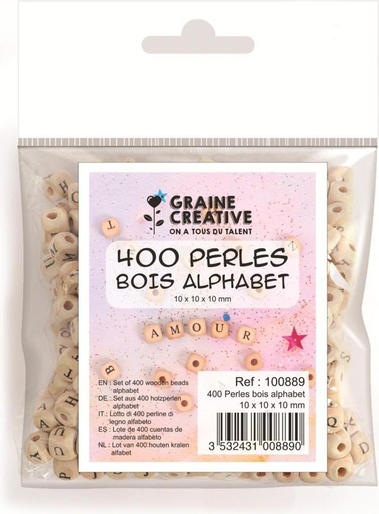 Sortiment of 400 Perlen ø 10 mm of Holz Alphabet Format