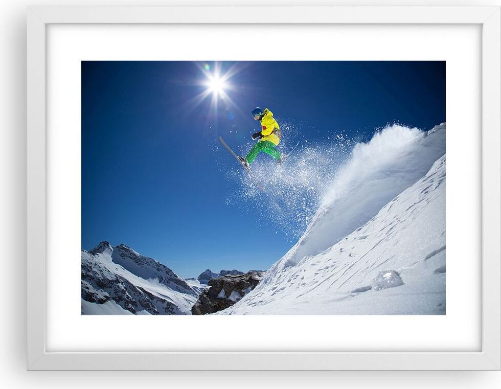 Gerahmtes Poster - Weißer Rahmen - Ski Winter Schnee Berg - 40x30 cm - Wand Bild - Wanddeko - Wandbilder - Kunstposter - Wandposter - Bilderrahmen...