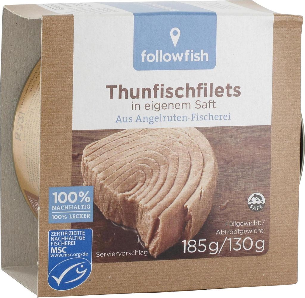 A product shot of canned tuna fillets in a cardboard box.