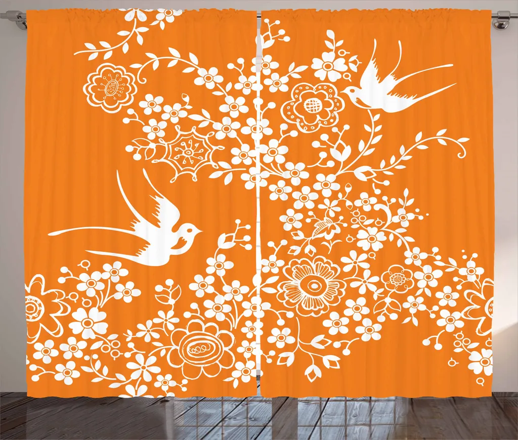 ABAKUHAUS Tenda rustica arancione e bianca, fiori e uccelli, tenda con passanti e ganci per camera da letto, 280 x 245 cm, arancione e bianca - 1