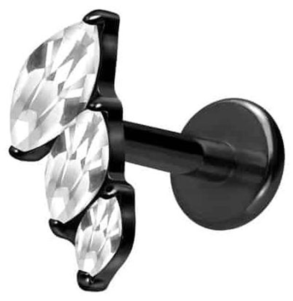 Ohrpiercing, Nasenpiercing Titan Labret mit Innengewinde 3 EINGEFASSTE KRISTALLTROPFEN Schwarz Stablänge: 5mm | Stabstärke: 1,2mm