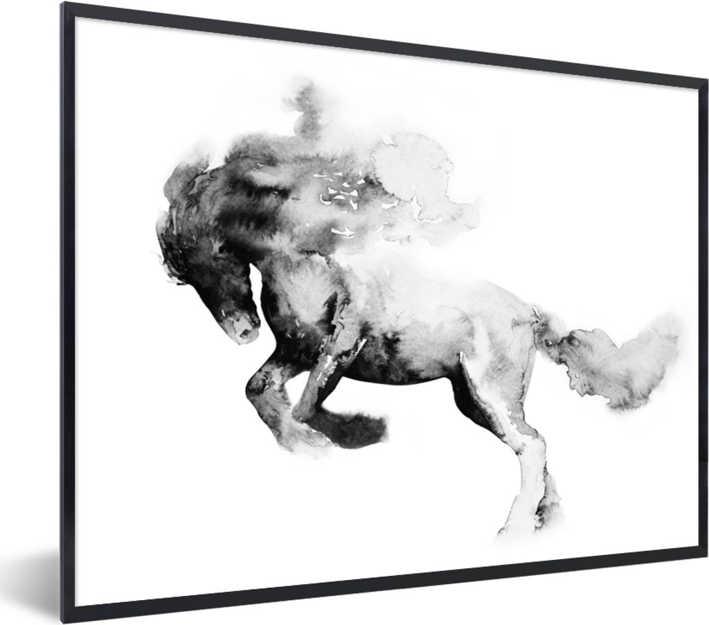MuchoWow Gerahmtes Poster Gemälde - Pferd - Tiere - Ölfarbe - Schwarz - Weiß 40x30 cm - Poster mit Schwarzem Bilderrahmen Wandposter Rahmen Fo...