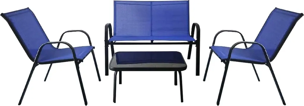 Ensemble de patio 4 pièces avec structure en métal noir et plateau verre