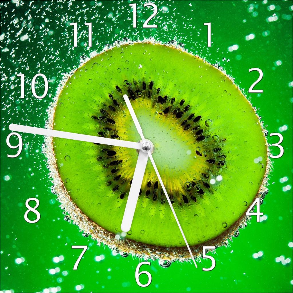 Wallario Design Wanduhr Grüne Kiwi-Scheibe im Wasser aus Echtglas, Größe 20 x 20 cm