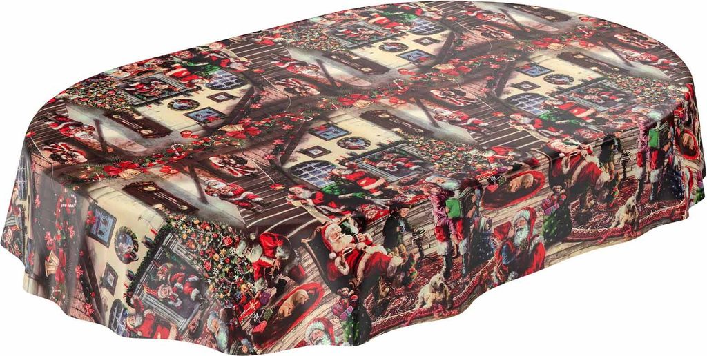 Tischdecke Wachstuch Weihnachten Rot Robust Wasserabweisend Oval Breite 140 cm Länge 180 cm