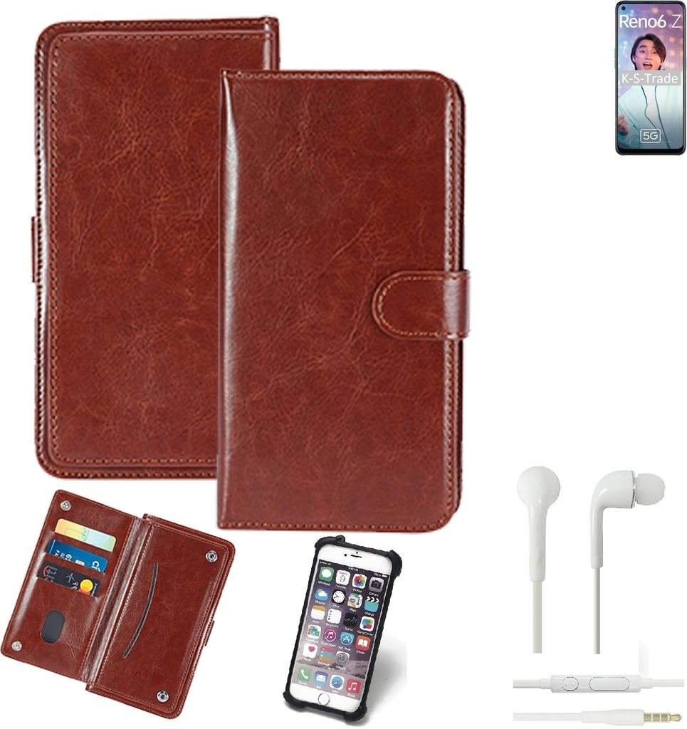 K-S-Trade 360° Hülle kompatibel mit Oppo Reno6 Z 5G inkl. Headphones braun Kunstleder Case BookCase WalletCase Kunstlederederhülle Handyhülle,