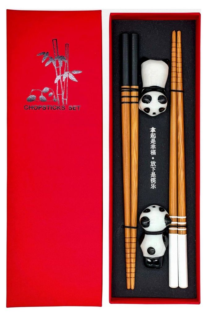 Sushi Essstäbchen Set mit Panda Keramik-Unterleger, 2 Paar aus nachhaltigem Holz, für japanische, chinesische, koreanische und taiwanesische Küche