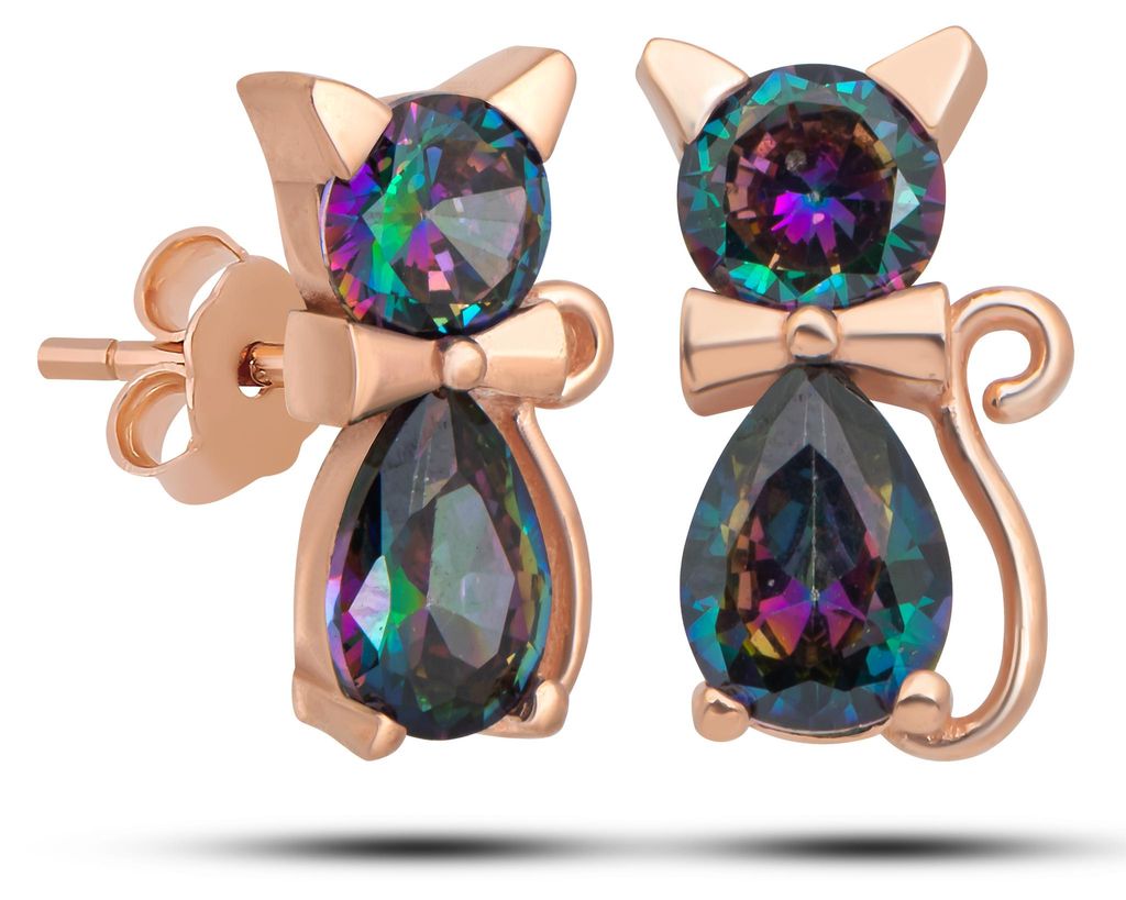 Edle 925 Silber Katzen Ohrringe Rosegold – Ohrstecker mit Mistik Topaz