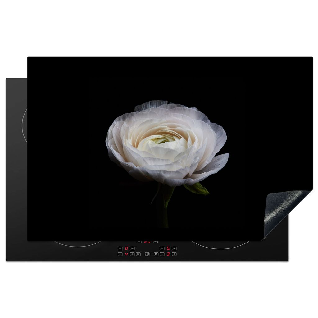 KitchenYeah Herdabdeckplatte Blume - Schwarz - Weiß , 80x52cm, Küche Deko, Glaskeramikkochfeld Herdabdeckung, Abdeckplatte fùr Kochfeld