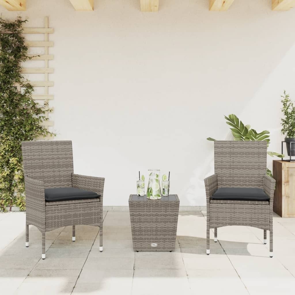 "Rabatt" 3-tlg. Bistro-Set - mit tishe & Stuhl - mit Kissen Grau Poly Rattan und Glas - Lounge-Dining set CC10919