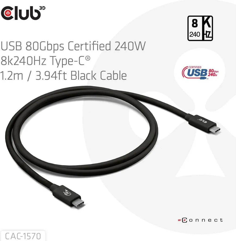 Câble USB-C 80Gbps Club3D CAC-1588 de 1.2m avec charge rapide PD 240W