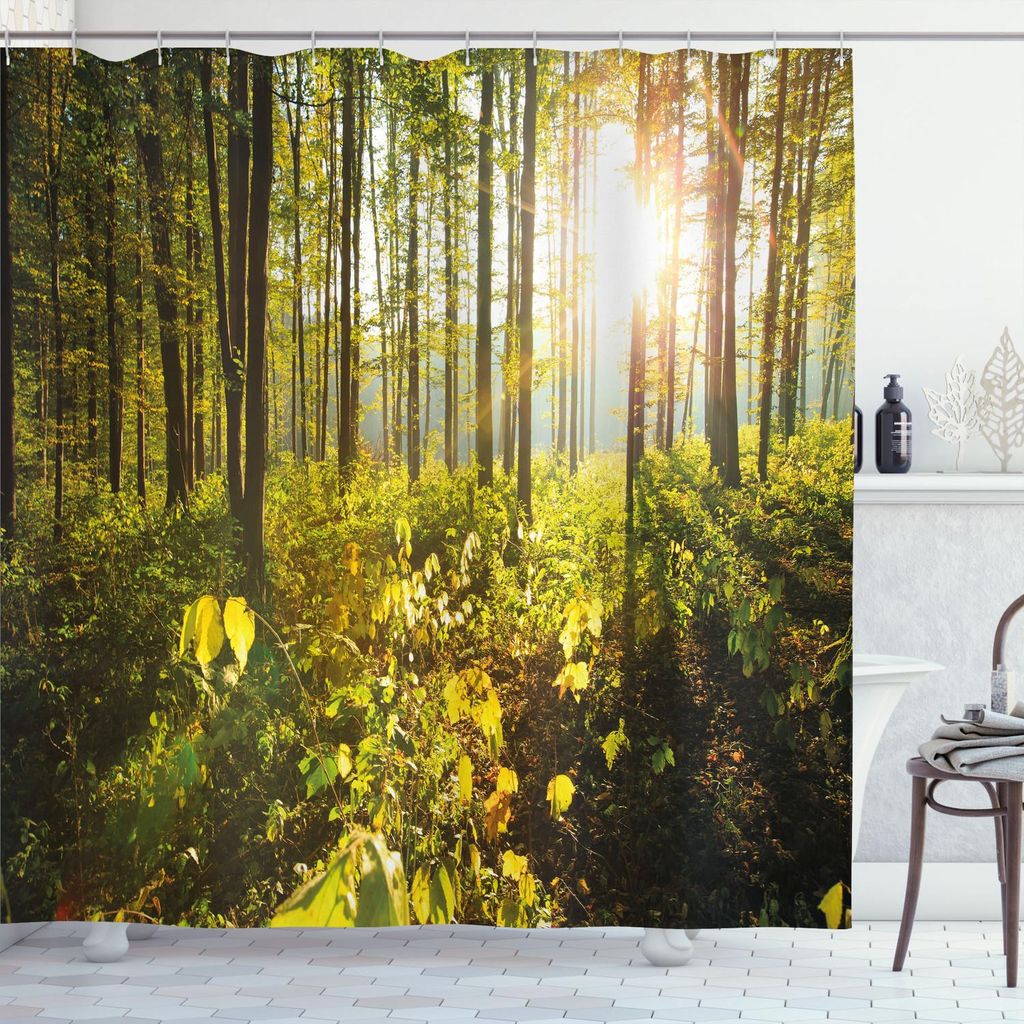 ABAKUHAUS Wald Duschvorhang, Bäume Sonnenstrahlen Urwald Erholungsgebiet Foto, 175 x 180 cm, Braun Grün Gelb